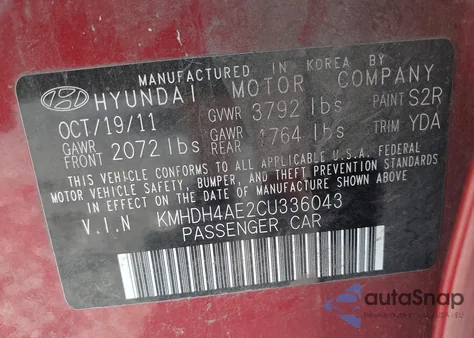 2012 Hyundai Elantra Gls (Ulsan Plant) z USA, uszkodzony, nr VIN KMHDH4AE2CU336043